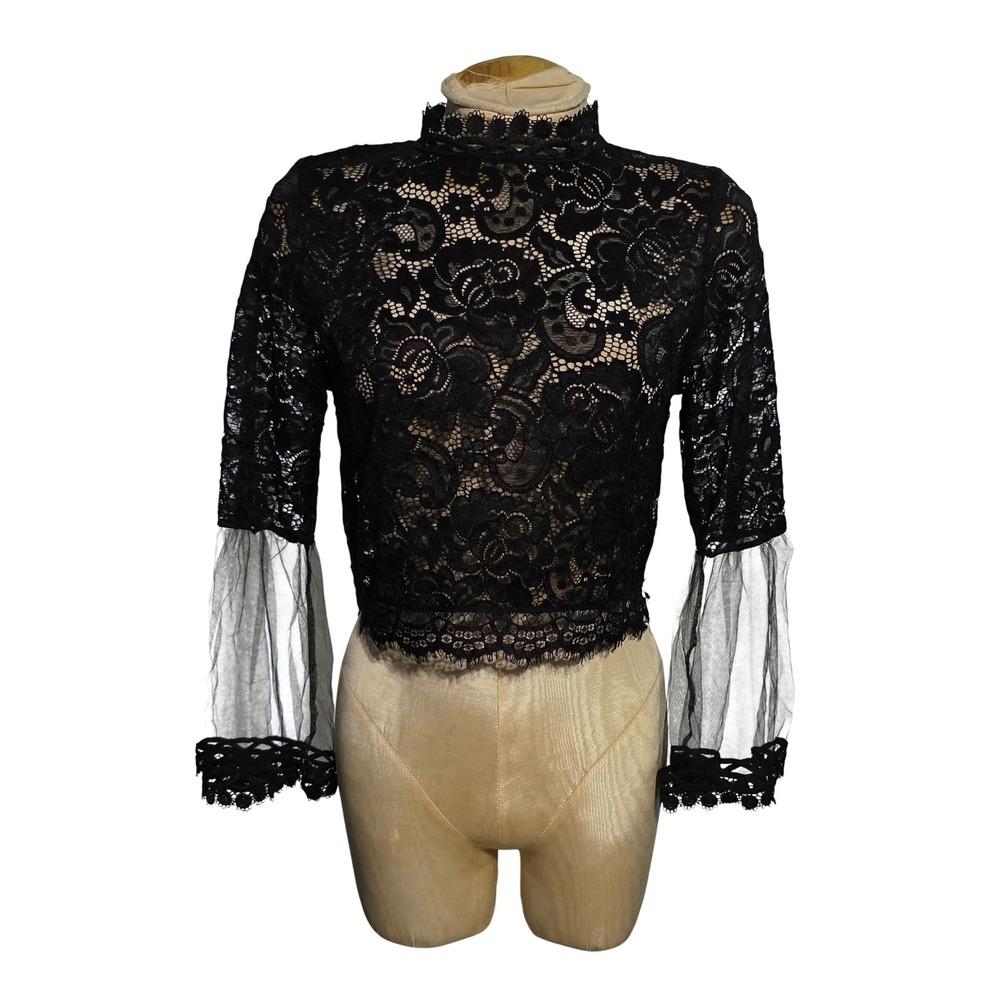 Love University Black Floral Lace Mock Neck Crop Top Exposed Zipper Large